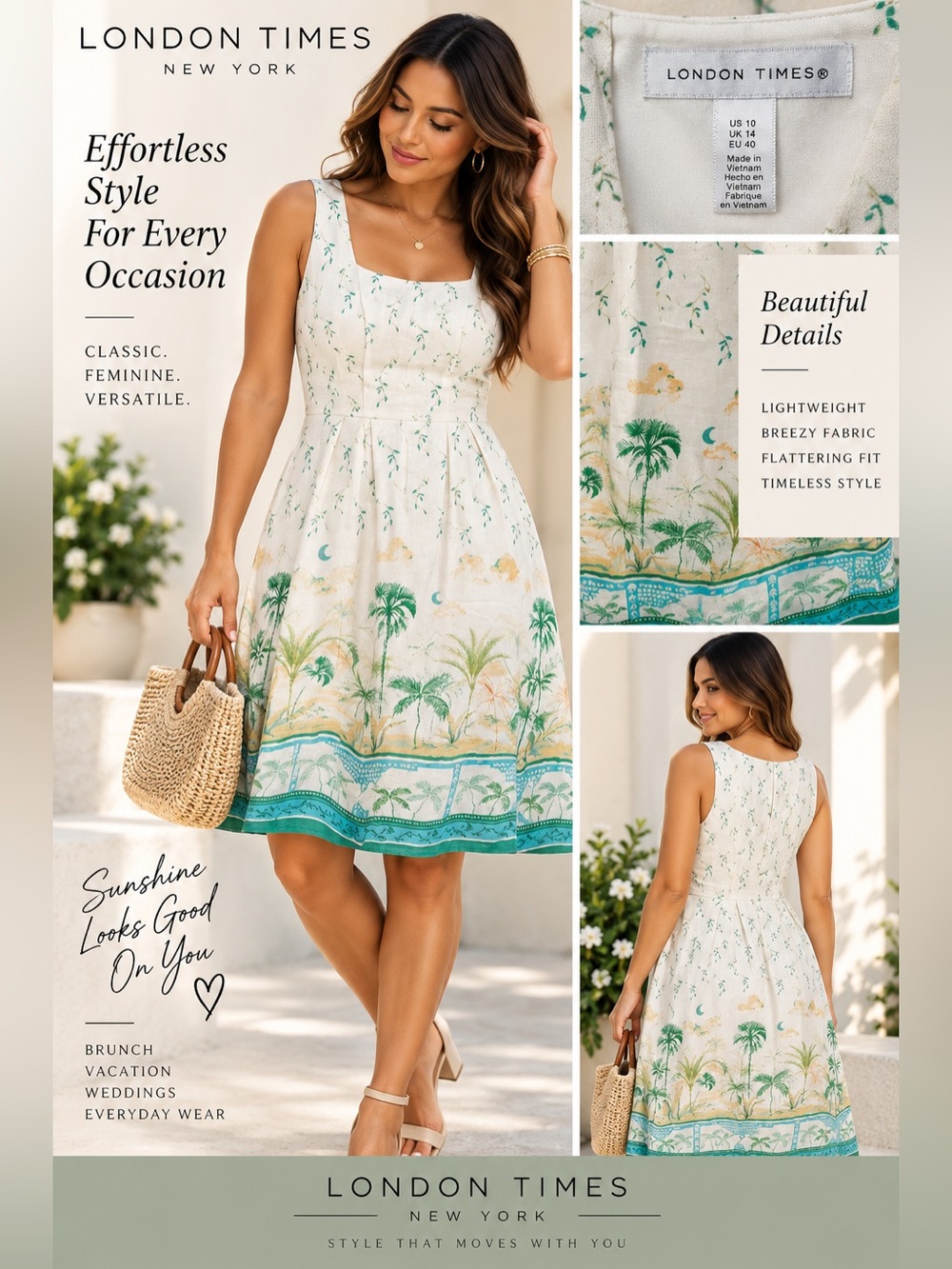 London Times Cream Sundress with Teal and Green Tropical Border